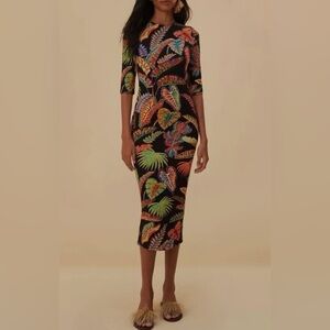 Farm Rio Cool Foliage Black Jersey Midi Dress, Medium